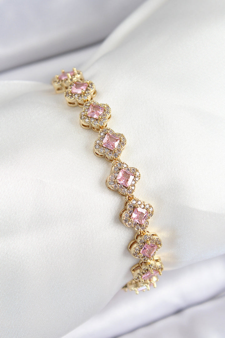 EBJ Rice Zircon Stone Pink Clover Baguette Model Gold Color VIP Series Women's Bracelet - Montijo