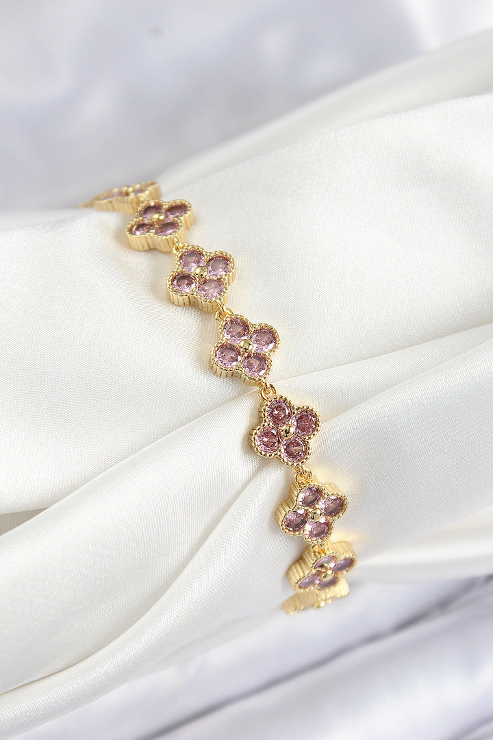 EBJ Rice Pink Zircon Stone Clover Model Gold Color VIP Series Women's Bracelet - Olot