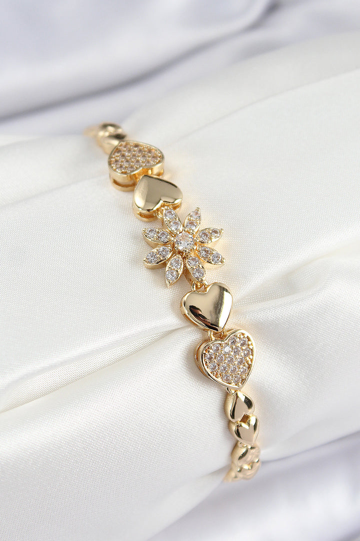 EBJ Rice Zircon Stone Detailed Heart Flower Model Gold Color Women's Bracelet - Jerez de García Salinas