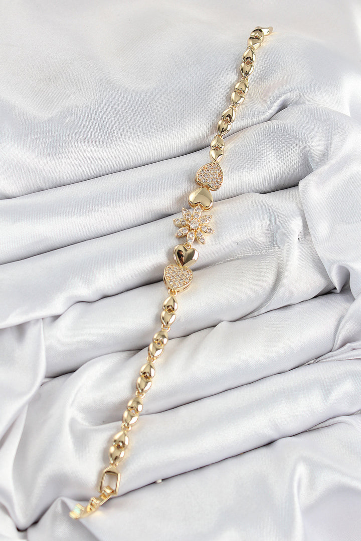 EBJ Rice Zircon Stone Detailed Heart Flower Model Gold Color Women's Bracelet - Jerez de García Salinas