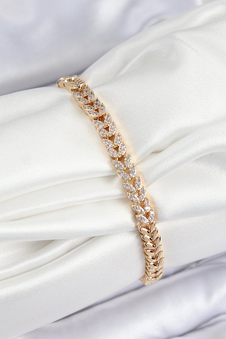 EBJ Rice Zircon Stone Lined Leaf Pattern Gold Color Women's Bracelet - Fort Worth