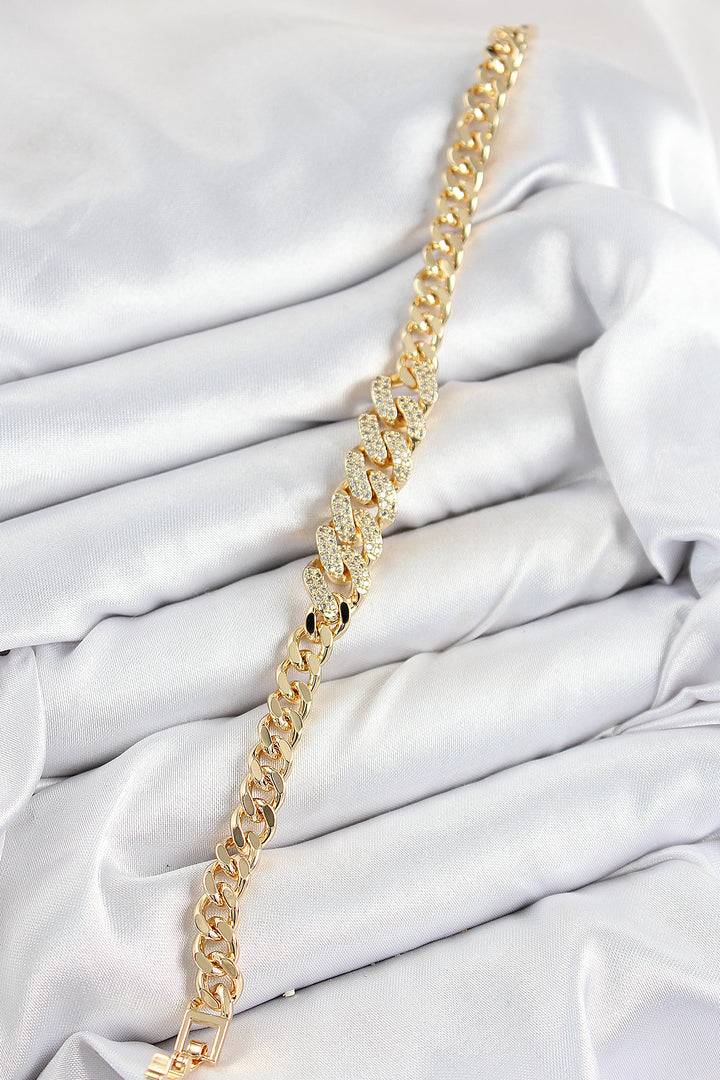 EBJ Rice Zircon Stone Cuban Chain Model Gold Color Women's Bracelet - Winsford