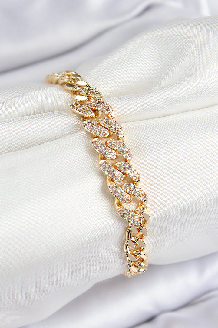 EBJ Rice Zircon Stone Cuban Chain Model Gold Color Women's Bracelet - Winsford