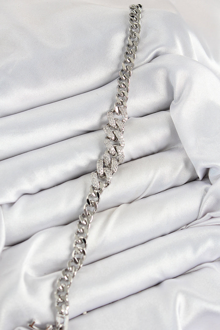 EBJ Rice Zircon Stone Cuban Chain Model Silver Color Women's Bracelet - Daugavpils