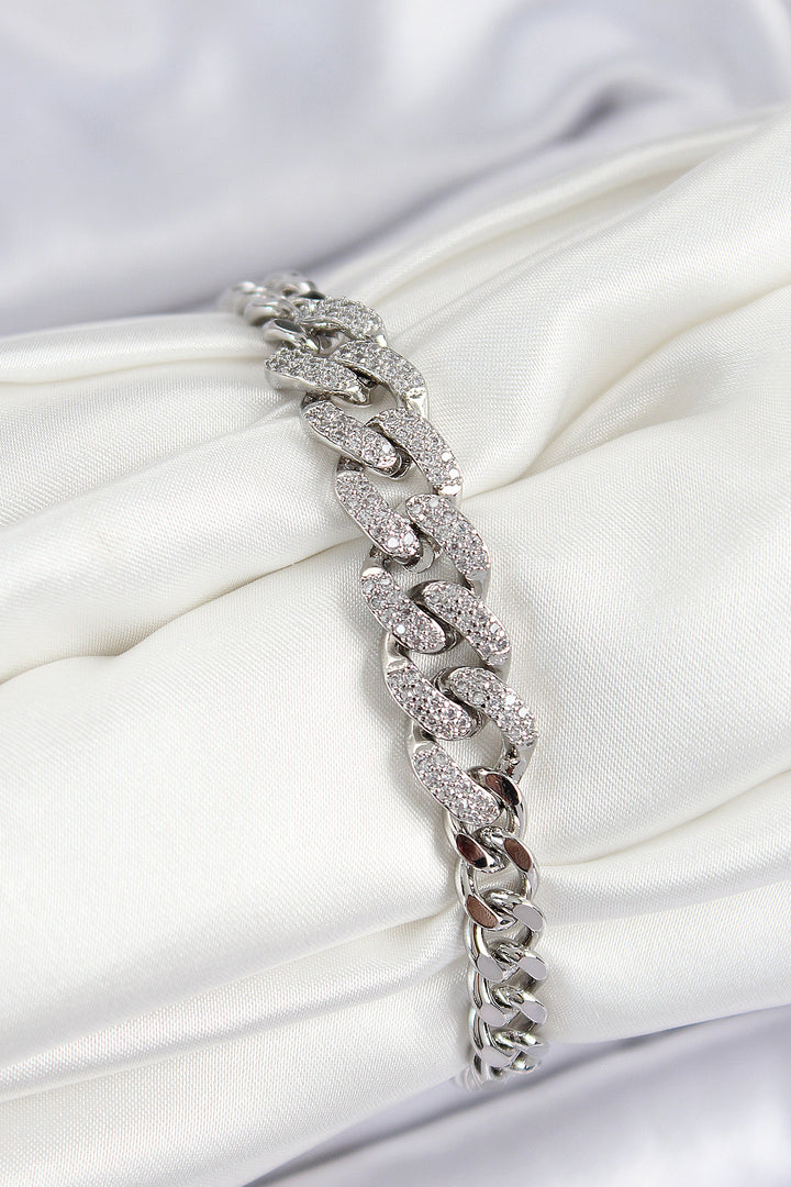 EBJ Rice Zircon Stone Cuban Chain Model Silver Color Women's Bracelet - Daugavpils