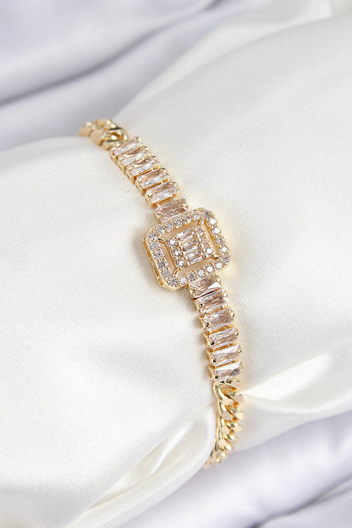 EBJ Rice Zircon Stone Detailed Baguette Model Gold Color Women's Bracelet - Altoona