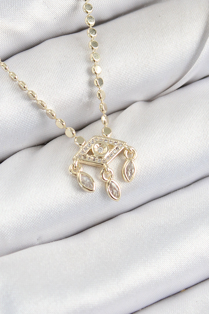 EBJ Rice Zircon Stone Pendant Eye Model Hammered Chain Gold Color Women's Necklace - Tezonapa