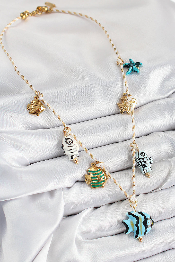 EBJ Fish Pendant Necklace with Ceramic Motif Model Cream String Women's Necklace - Blainville