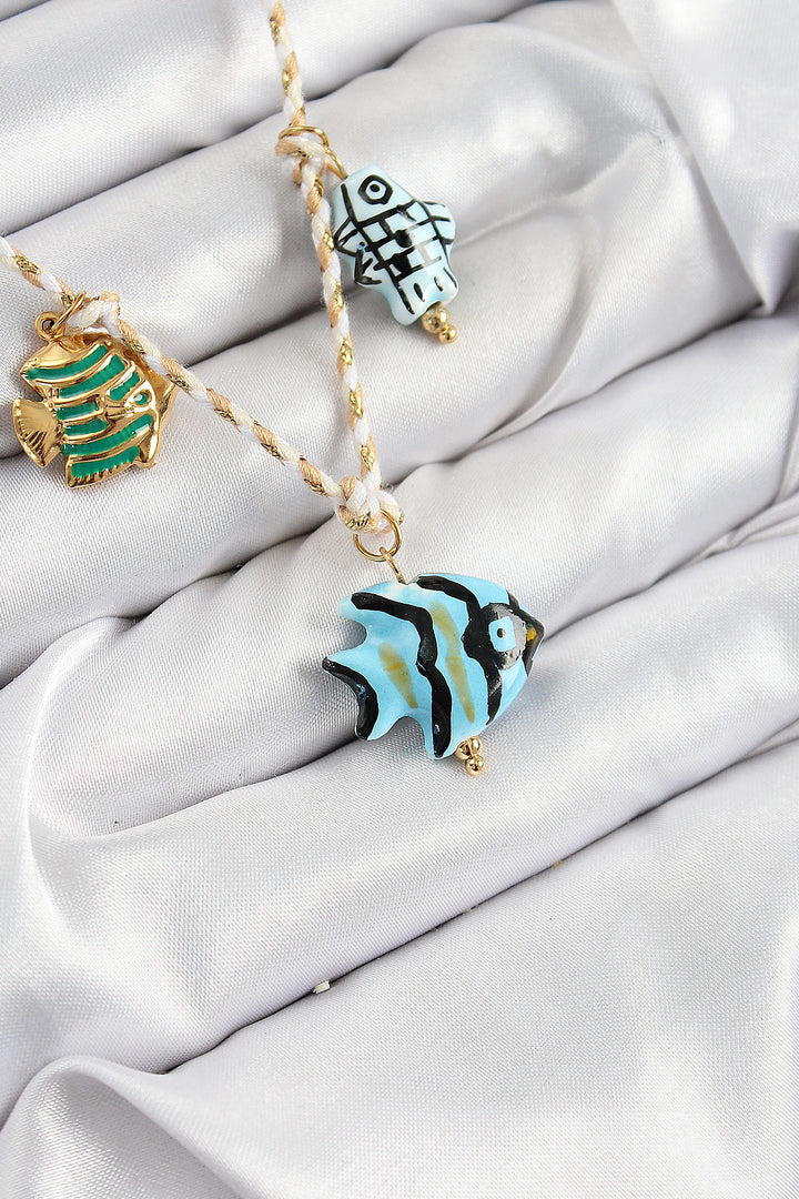EBJ Fish Pendant Necklace with Ceramic Motif Model Cream String Women's Necklace - Blainville
