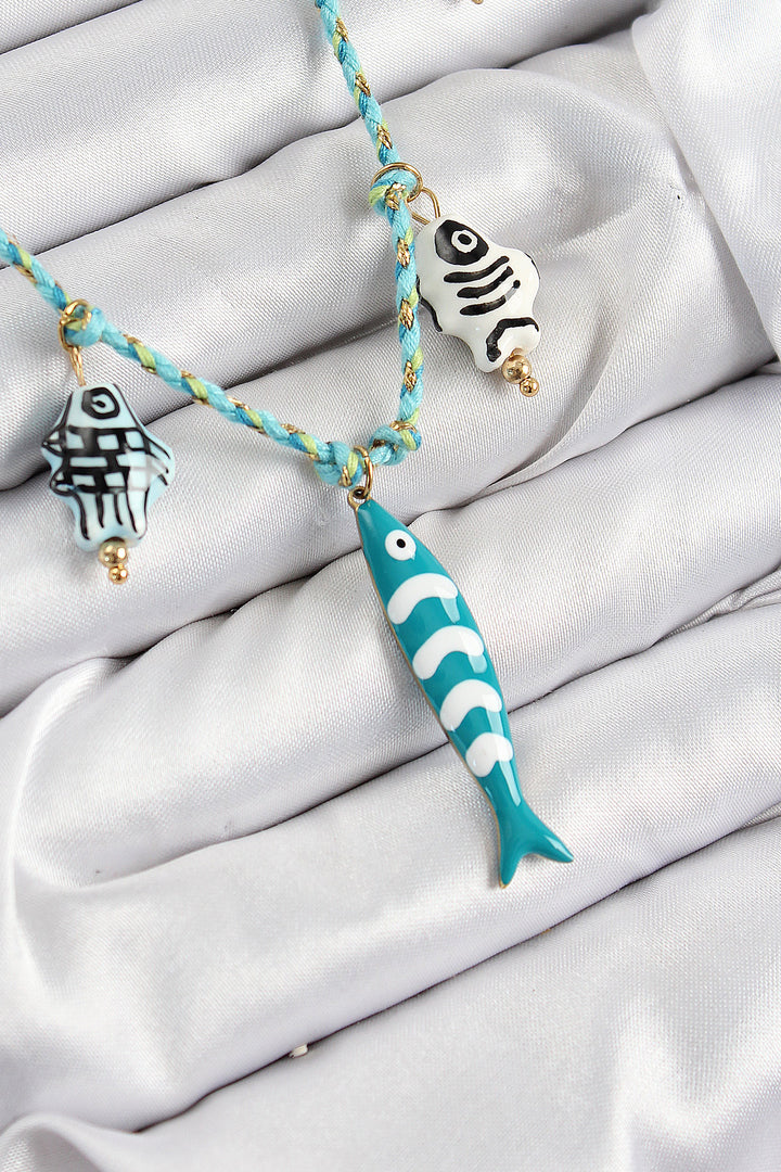 EBJ Woman Necklace with Ceramic Motif Fish Figure Model Blue String - Dordrecht