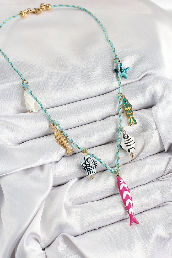 EBJ Pink Fish Pendant Necklace with Ceramic Motif Blue String - Hoboken