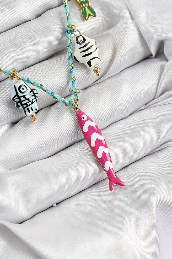 EBJ Pink Fish Pendant Necklace with Ceramic Motif Blue String - Hoboken