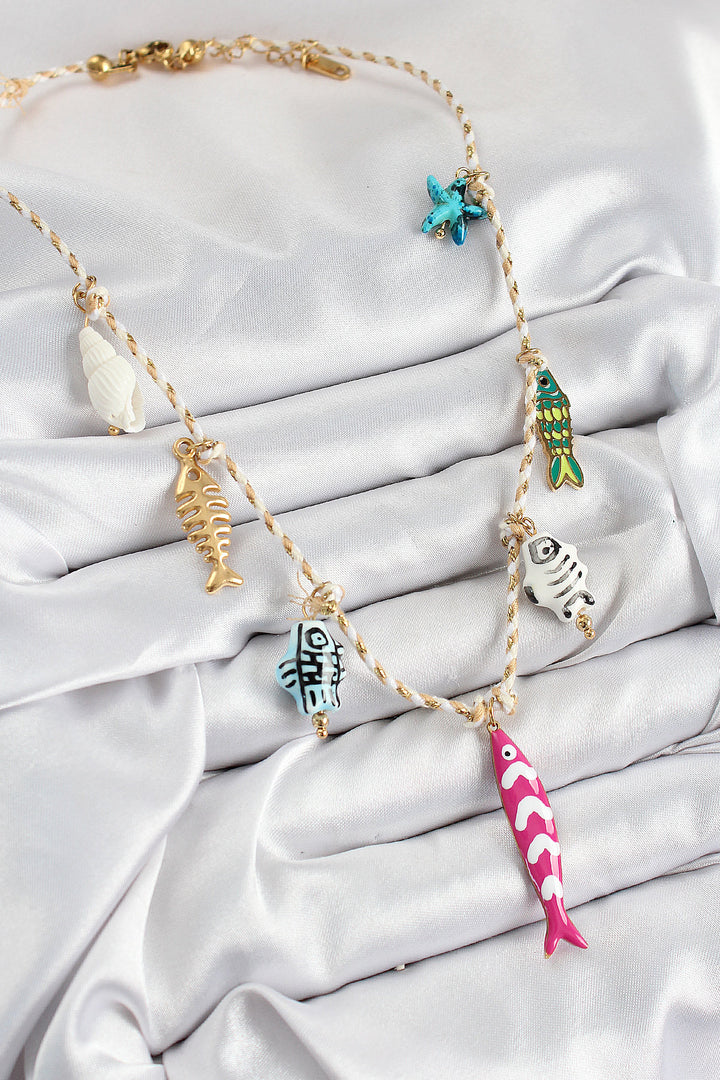 EBJ Pink Fish Pendant Necklace with Ceramic Motif Model Cream Rope Women's Necklace - Oshkosh