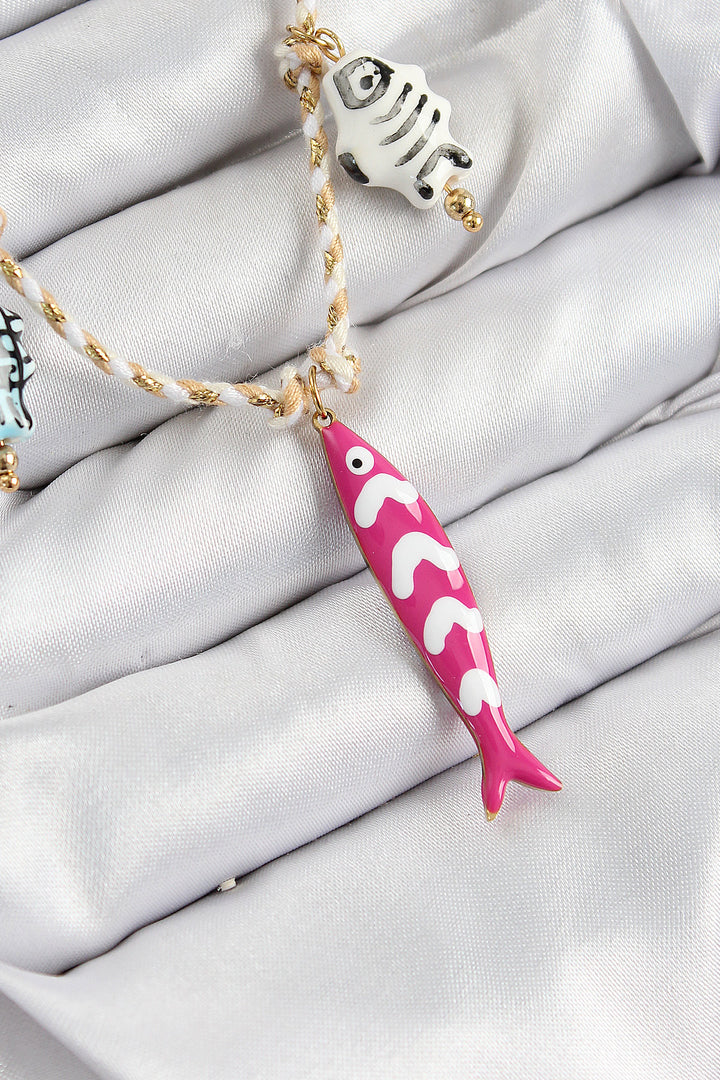 EBJ Pink Fish Pendant Necklace with Ceramic Motif Model Cream Rope Women's Necklace - Oshkosh
