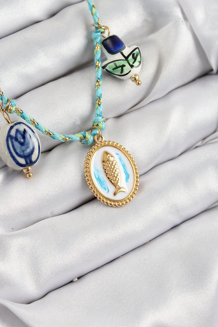 EBJ Ceramic Patterned Fish Shaped Model Blue String Women's Necklace - Magdeburg