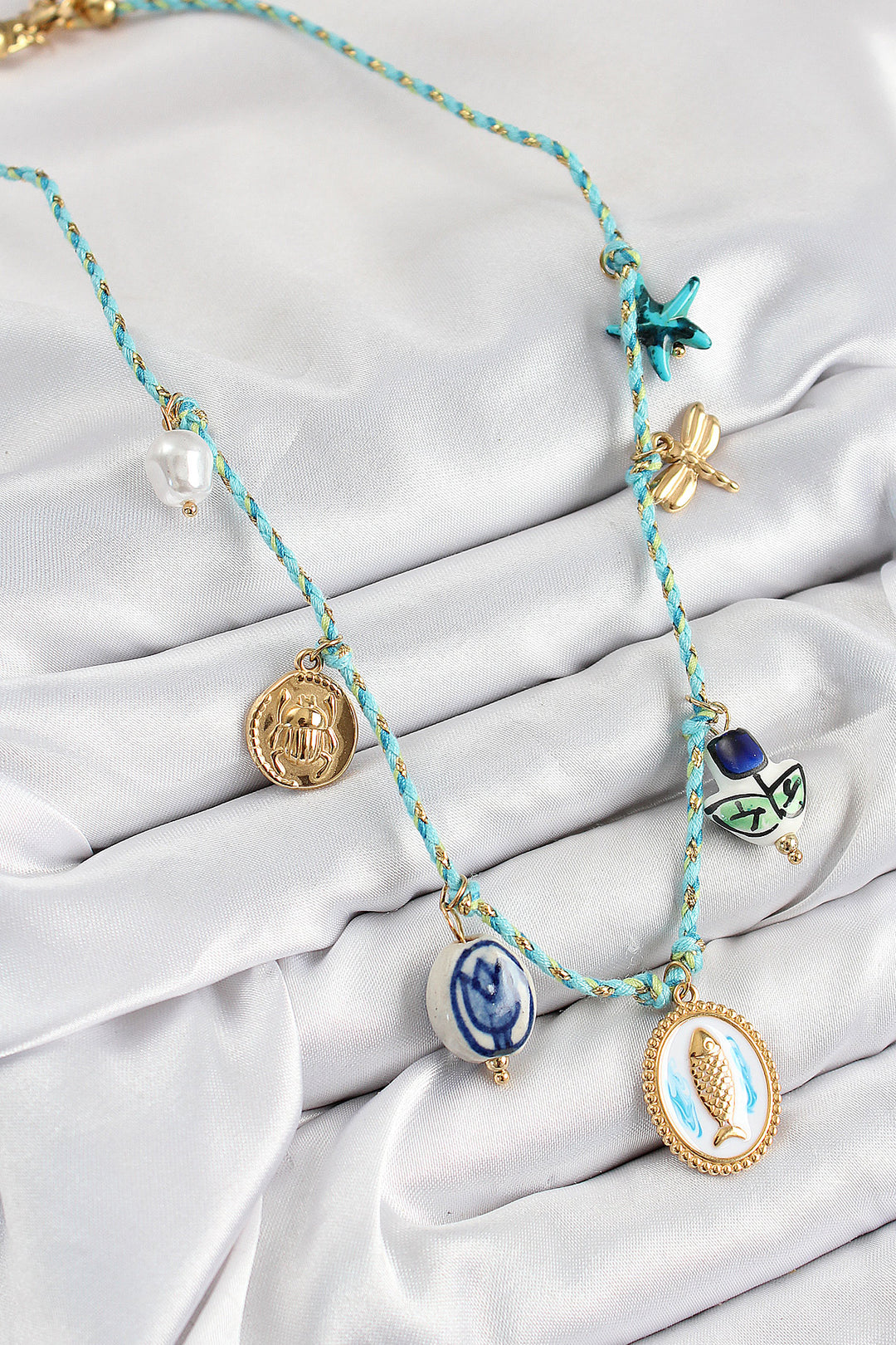 EBJ Ceramic Patterned Fish Shaped Model Blue String Women's Necklace - Magdeburg