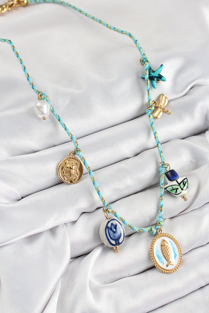 EBJ Ceramic Patterned Fish Shaped Model Blue String Women's Necklace - Magdeburg