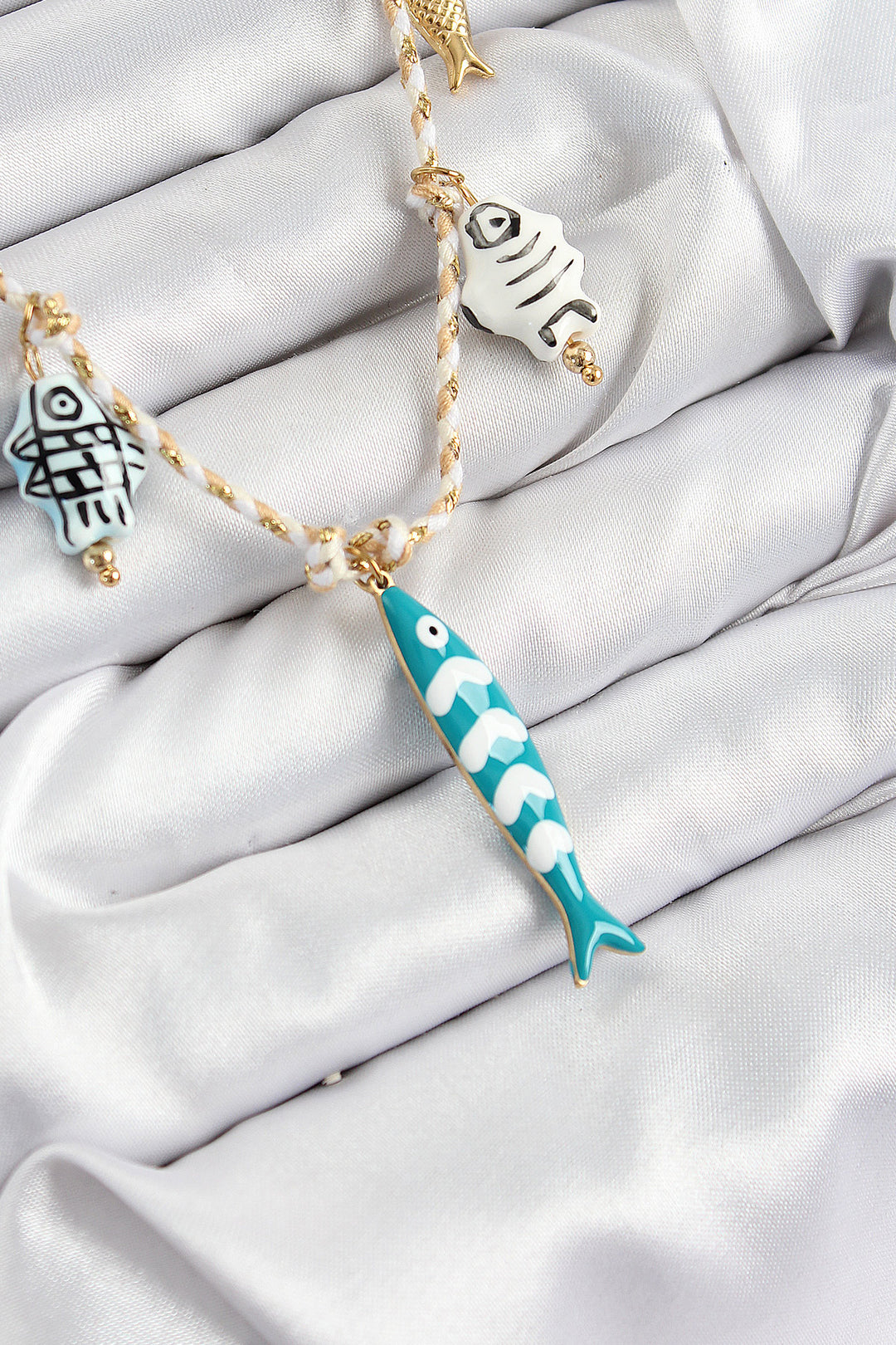 EBJ Fish Pendant Necklace with Ceramic Motif Model Cream String Women's Necklace - East Brunswick