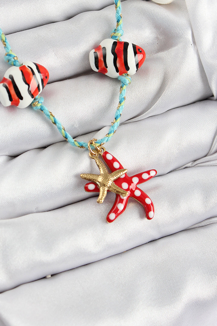 EBJ Ceramic Patterned Starfish Figured Model Blue String Women's Necklace - Babruysk