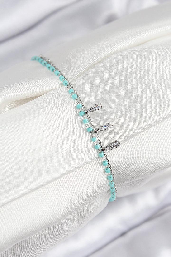 EBJ Silver Color Women's Bracelet with Rice Zircon Stone Blue Beads Model - Saanich