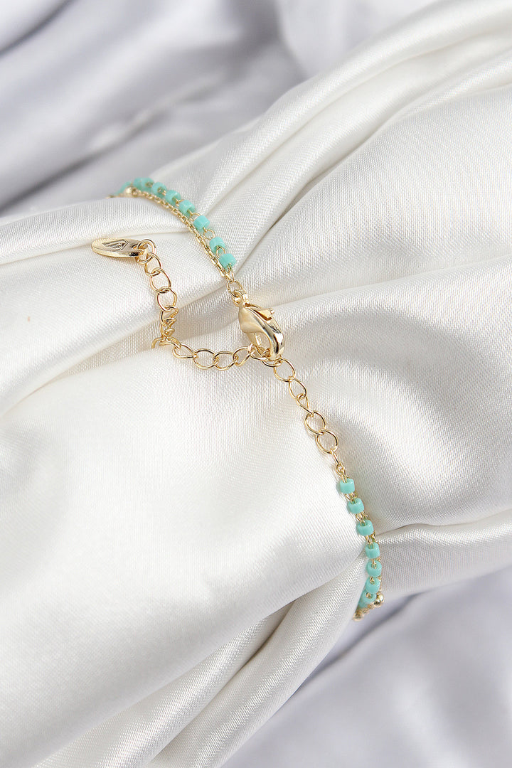 EBJ Gold Color Women's Bracelet with Rice Zircon Stone and Blue Beads - San Remo