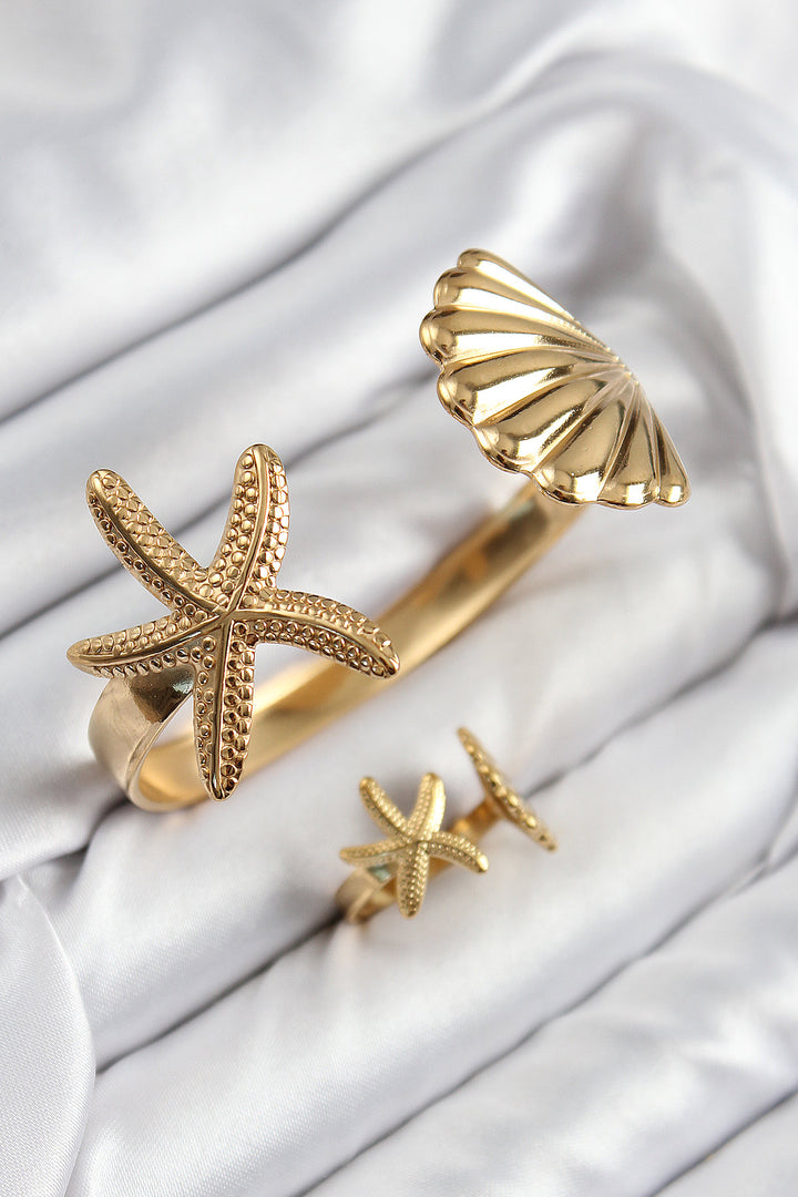 EBJ Rice Oyster and Starfish Model Gold Color Bracelet Ring Set - Farmington