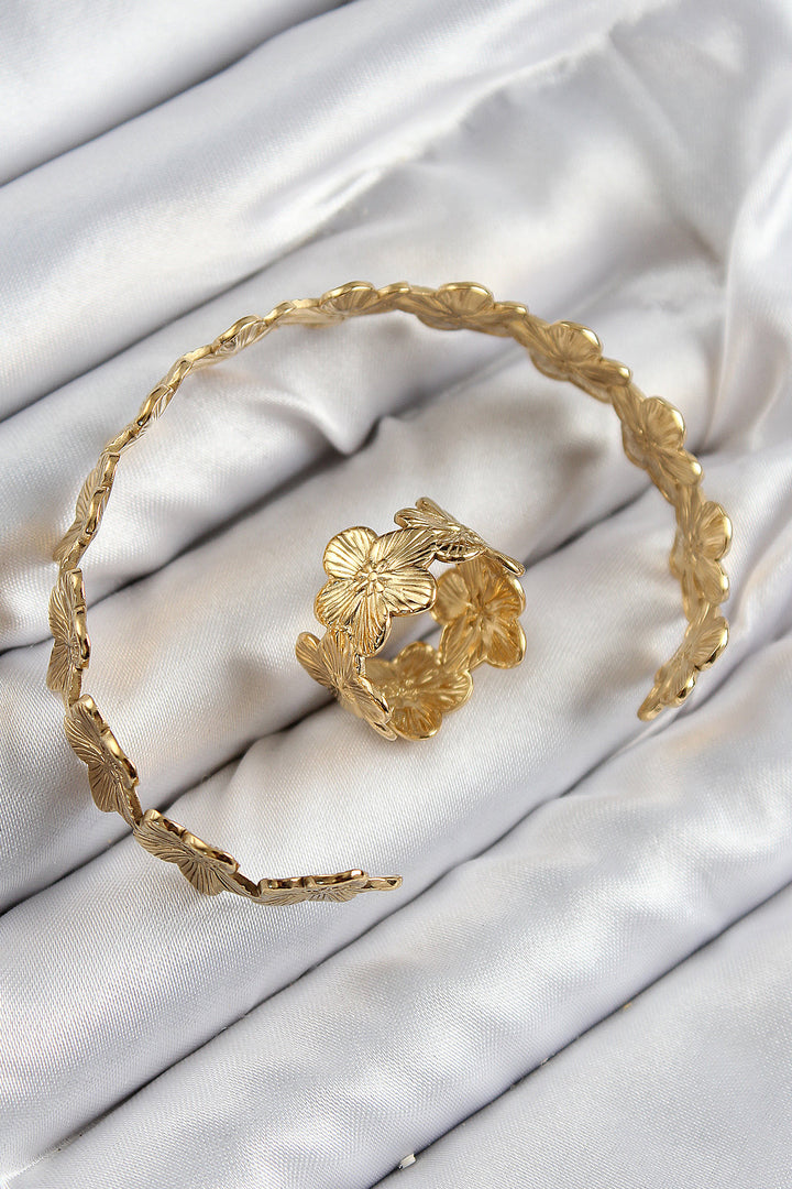 EBJ Rice Flower Pattern Gold Color Bracelet Ring Set - Viersen