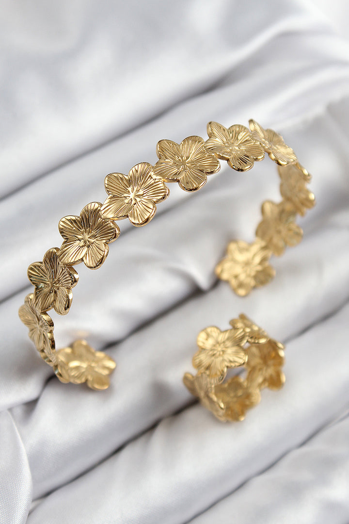 EBJ Rice Flower Pattern Gold Color Bracelet Ring Set - Viersen