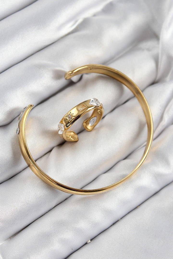 EBJ Rice Zircon Stone Separated Model Gold Color Bracelet Ring Set - San Felíu de Llobregat