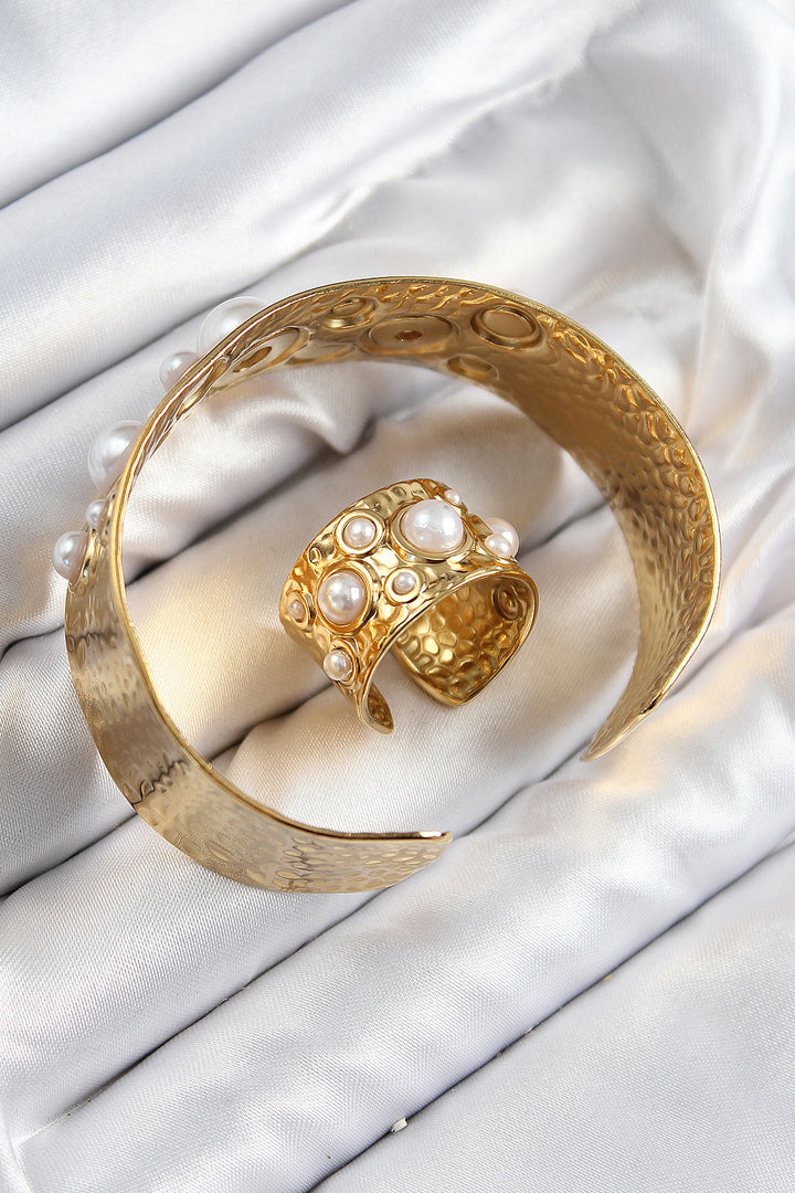 EBJ Rice Pearl Model Gold Color Bracelet Ring Set - Topeka