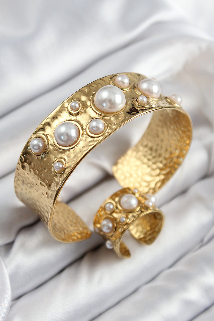 EBJ Rice Pearl Model Gold Color Bracelet Ring Set - Topeka