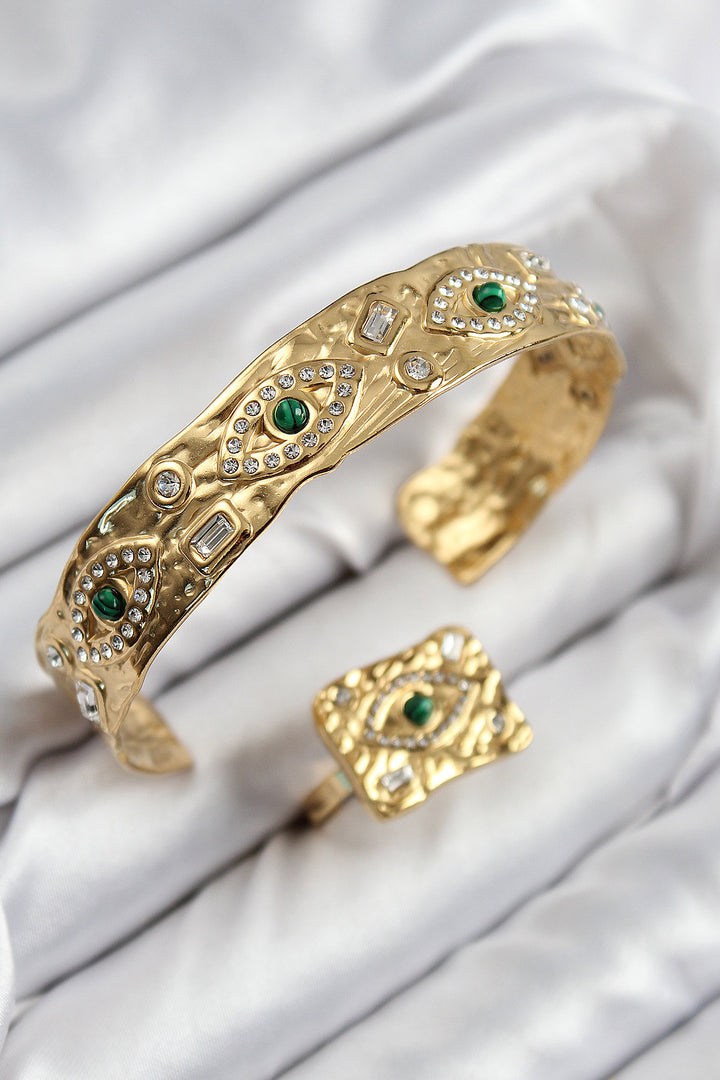 EBJ Rice Zircon Stone Eye Model Gold Color Bracelet Ring Set - Sassuolo
