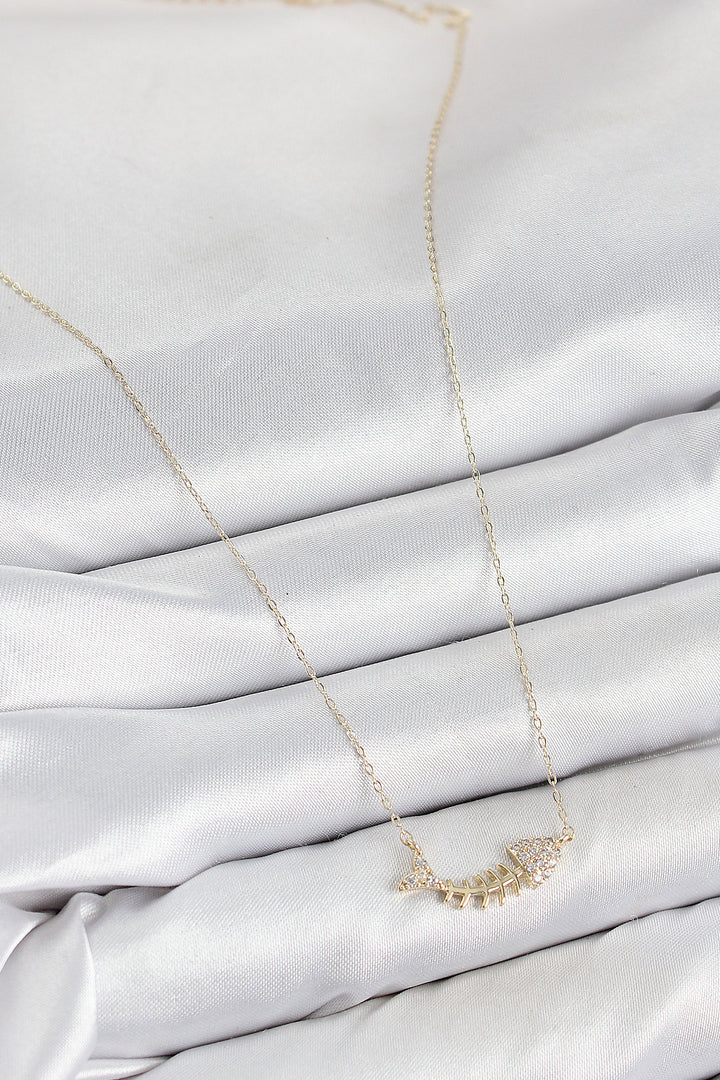 EBJ Rice Zircon Stone Fishbone Model Gold Color Women's Necklace - Minot