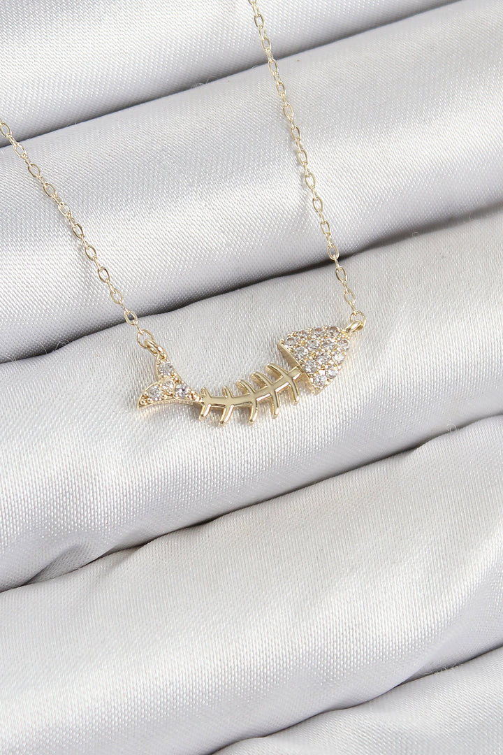 EBJ Rice Zircon Stone Fishbone Model Gold Color Women's Necklace - Minot