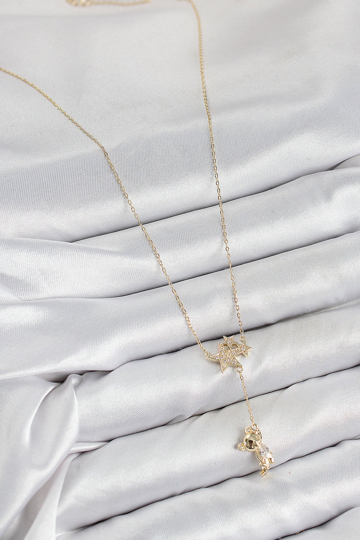 EBJ Rice Zircon Stone Pendant Star Model Gold Color Women's Necklace with Bear - Valrico