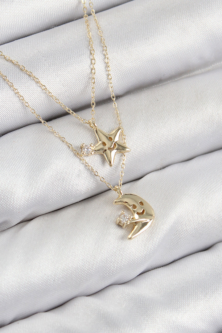 EBJ Rice Zircon Stone Star and Moon Model Gold Color Women's Necklace - Pylaía