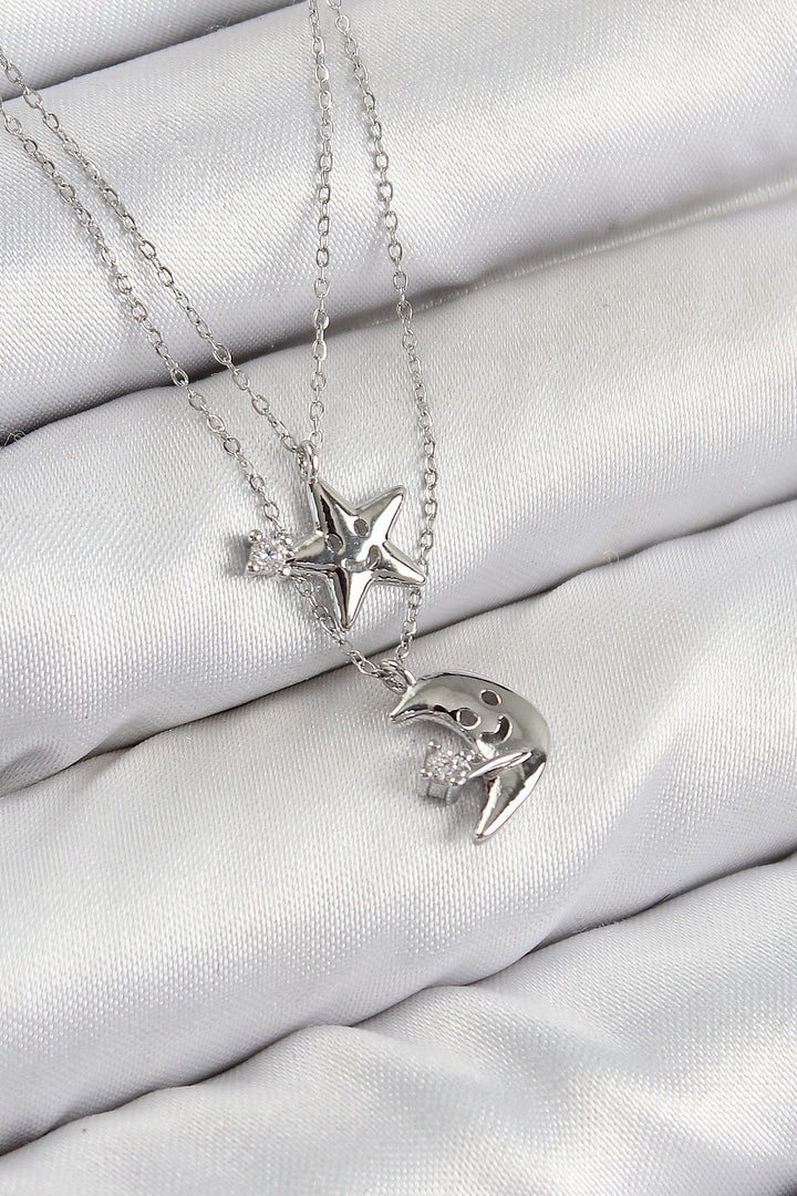 EBJ Silver Color Women's Necklace with Rice Zircon Stone Star and Moon Model - La Mesa