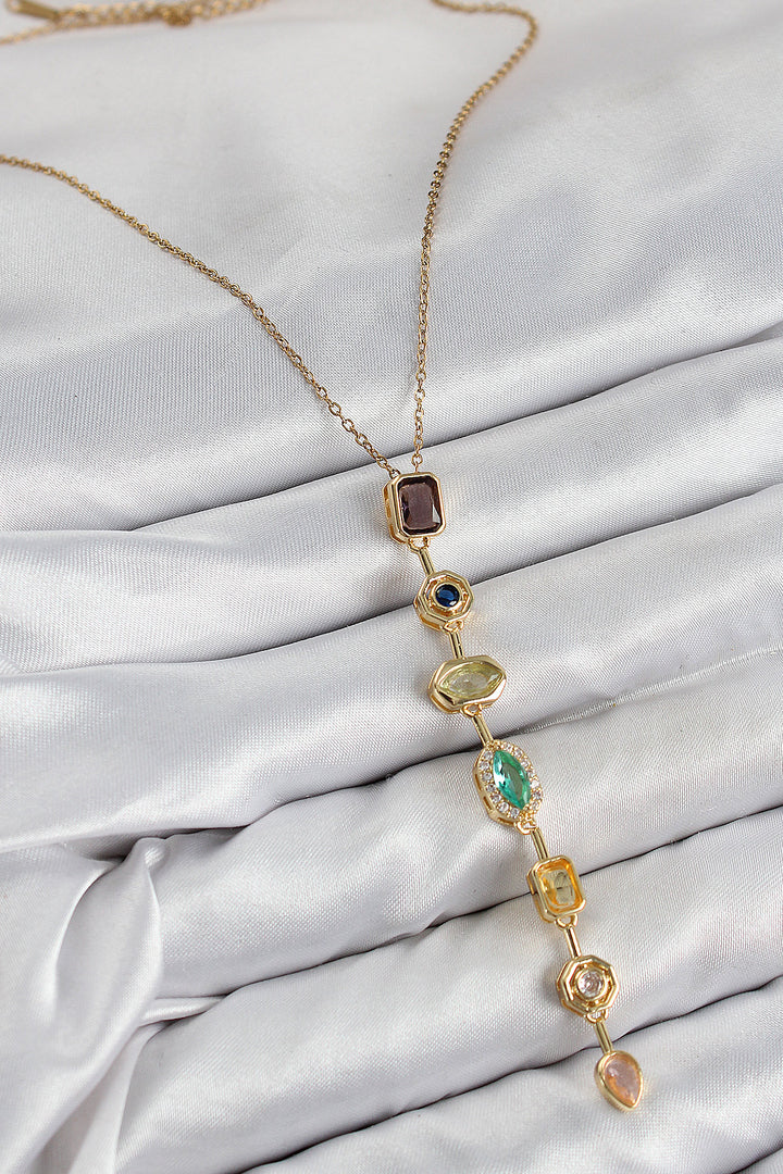 EBJ Rice Colored Zircon Stone Model Gold Color Women's Y Necklace - Elche