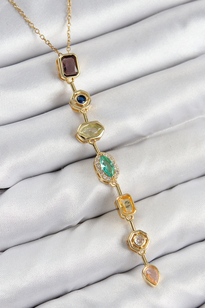 EBJ Rice Colored Zircon Stone Model Gold Color Women's Y Necklace - Elche