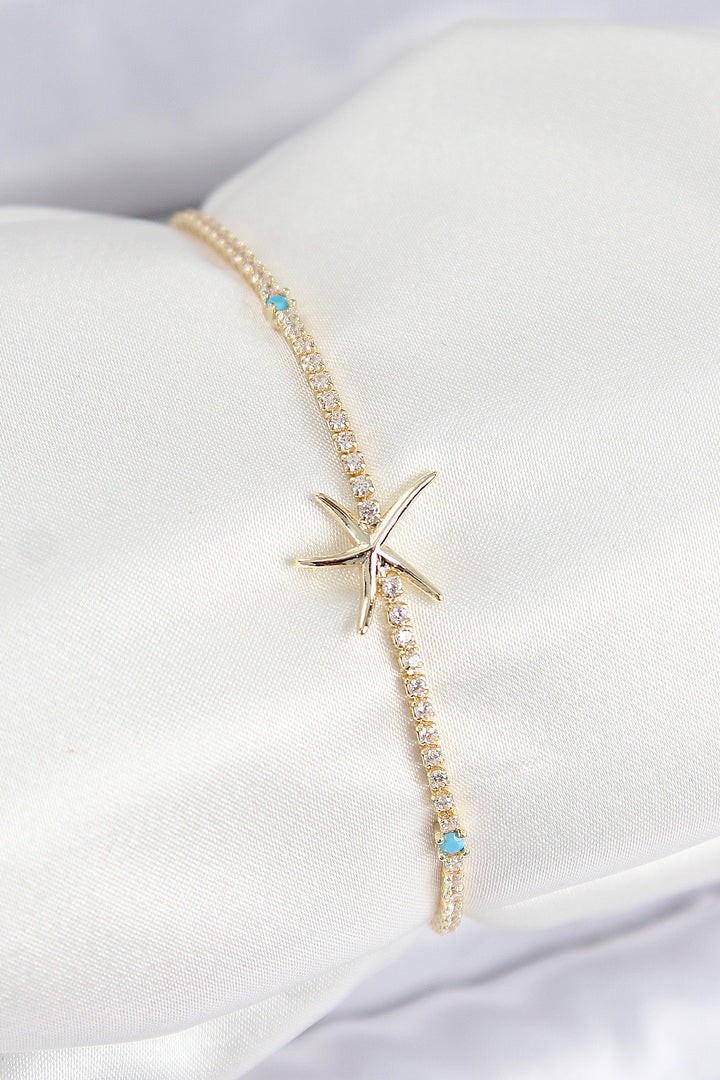 EBJ Rice Zircon Stone Starfish Model Gold Color Women's Bracelet - Waterford