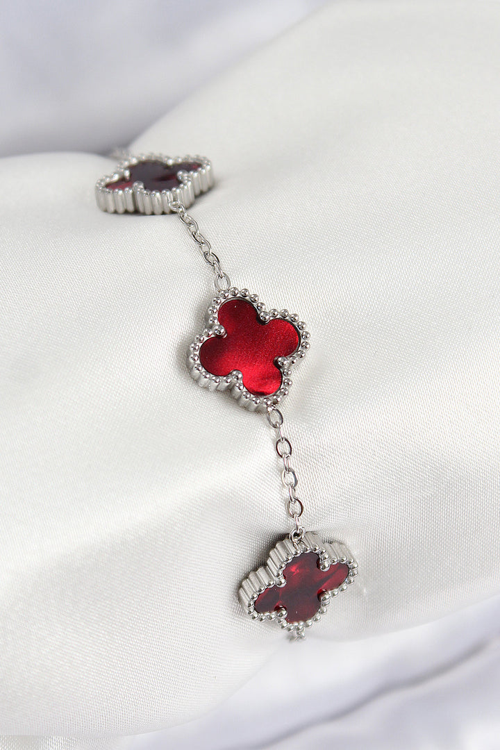EBJ 316L Stainless Steel Mother of Pearl Red Silver Color Clover Women's Bracelet - Hattiesburg