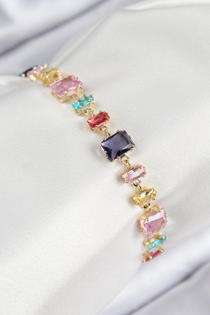 EBJ Rectangular Model Gold Color Women's Bracelet with Rice Colored Zircon Stones - Navarre