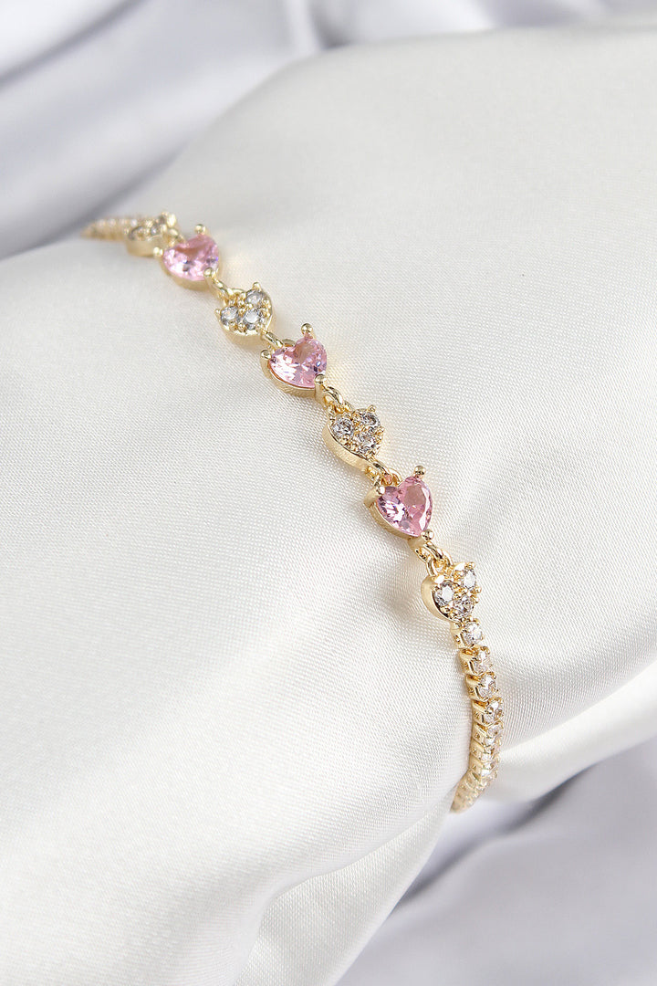 EBJ Rice Zircon Stone Pink Heart Model Gold Color Women's Bracelet - Castleford