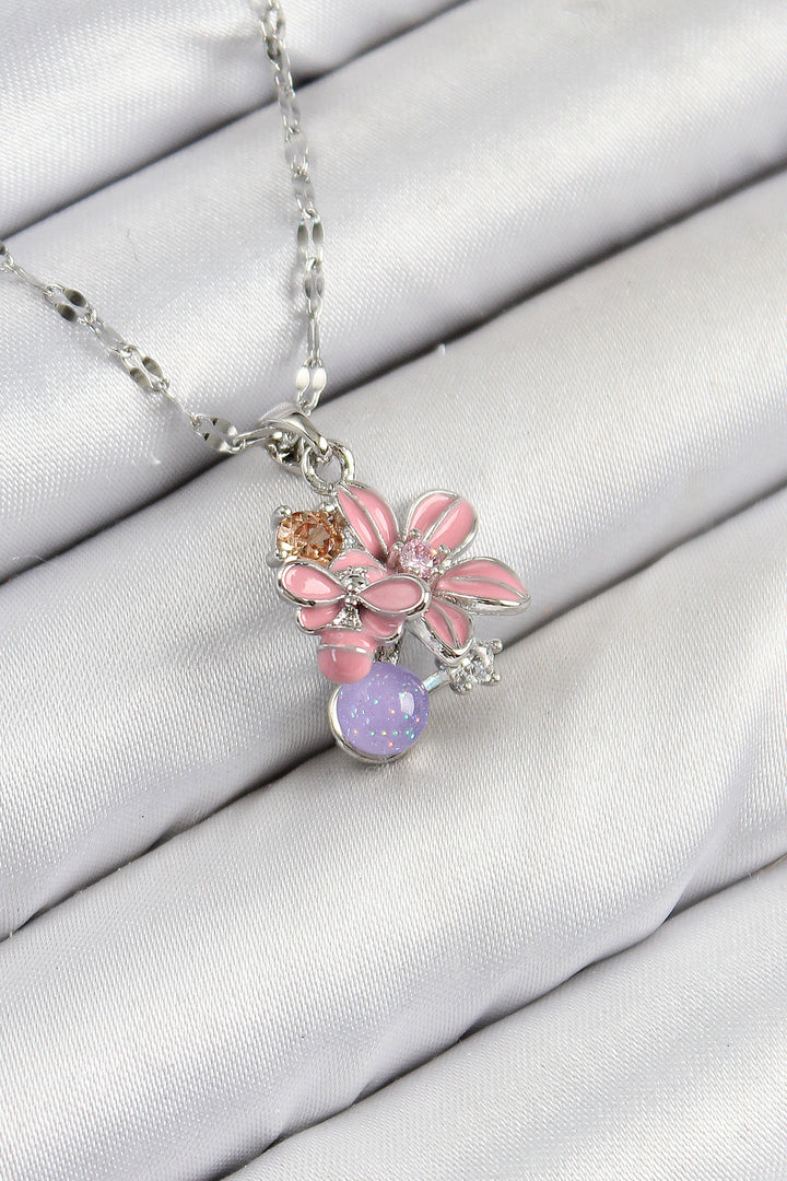 EBJ 316L Stainless Steel Bee Detailed Pink Flower Model Silver Color Women's Necklace with Zircon Stone - Melle
