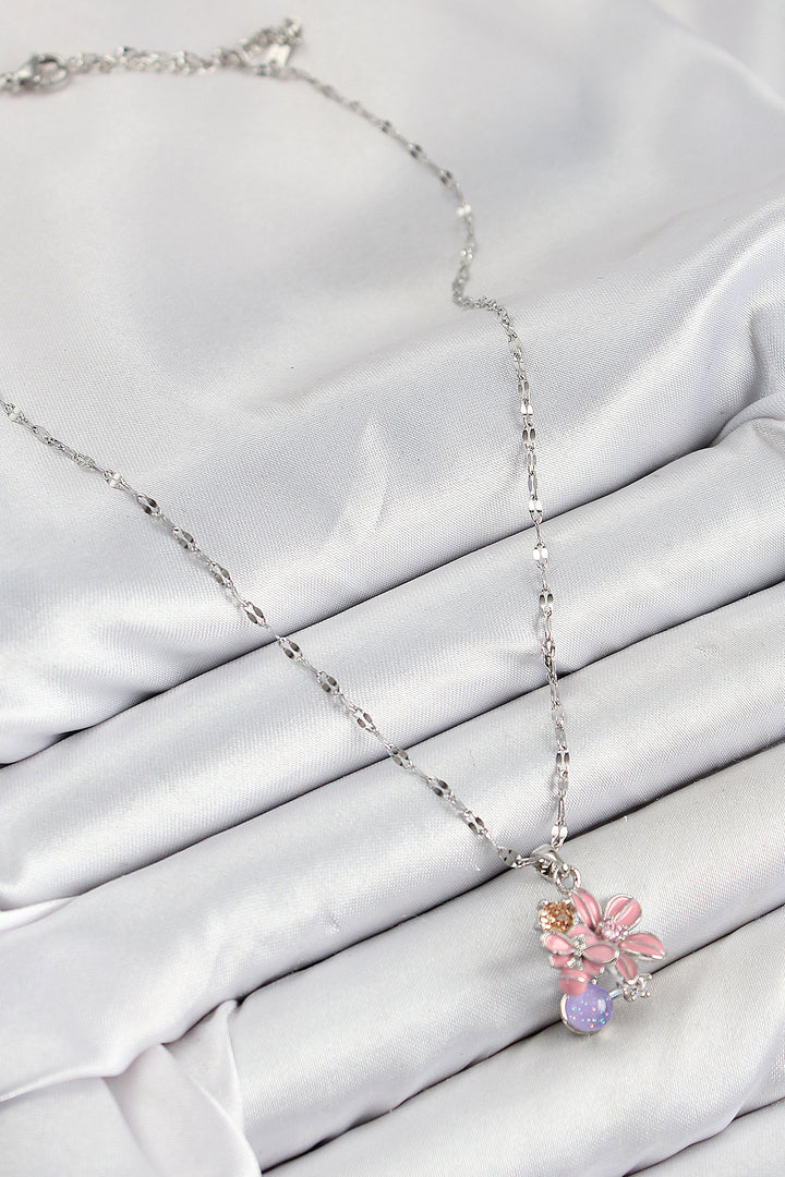 EBJ 316L Stainless Steel Bee Detailed Pink Flower Model Silver Color Women's Necklace with Zircon Stone - Melle