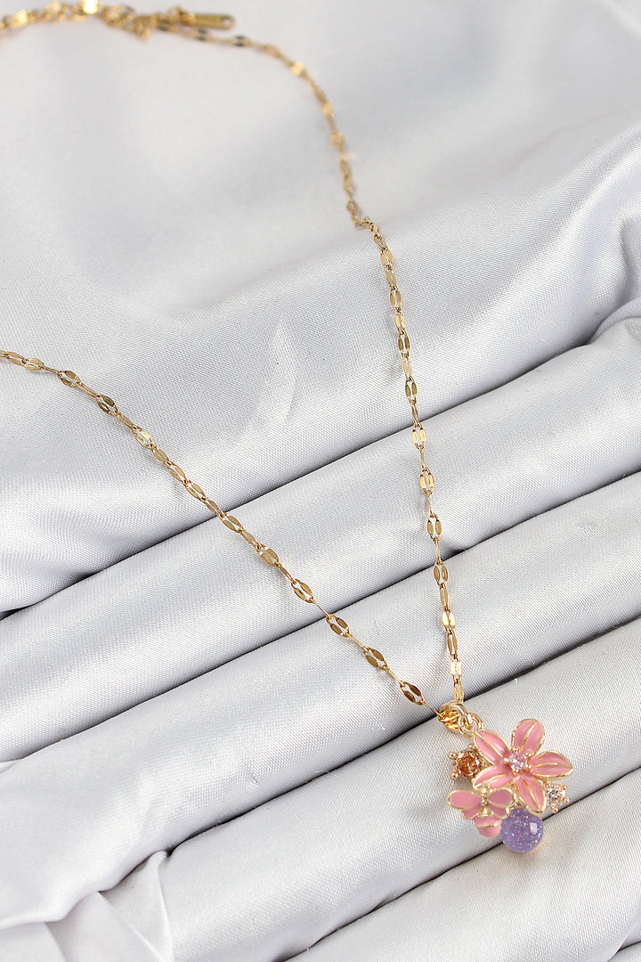EBJ 316L Stainless Steel Bee Detailed Pink Flower Model Gold Color Women's Necklace with Zircon Stone - Milan