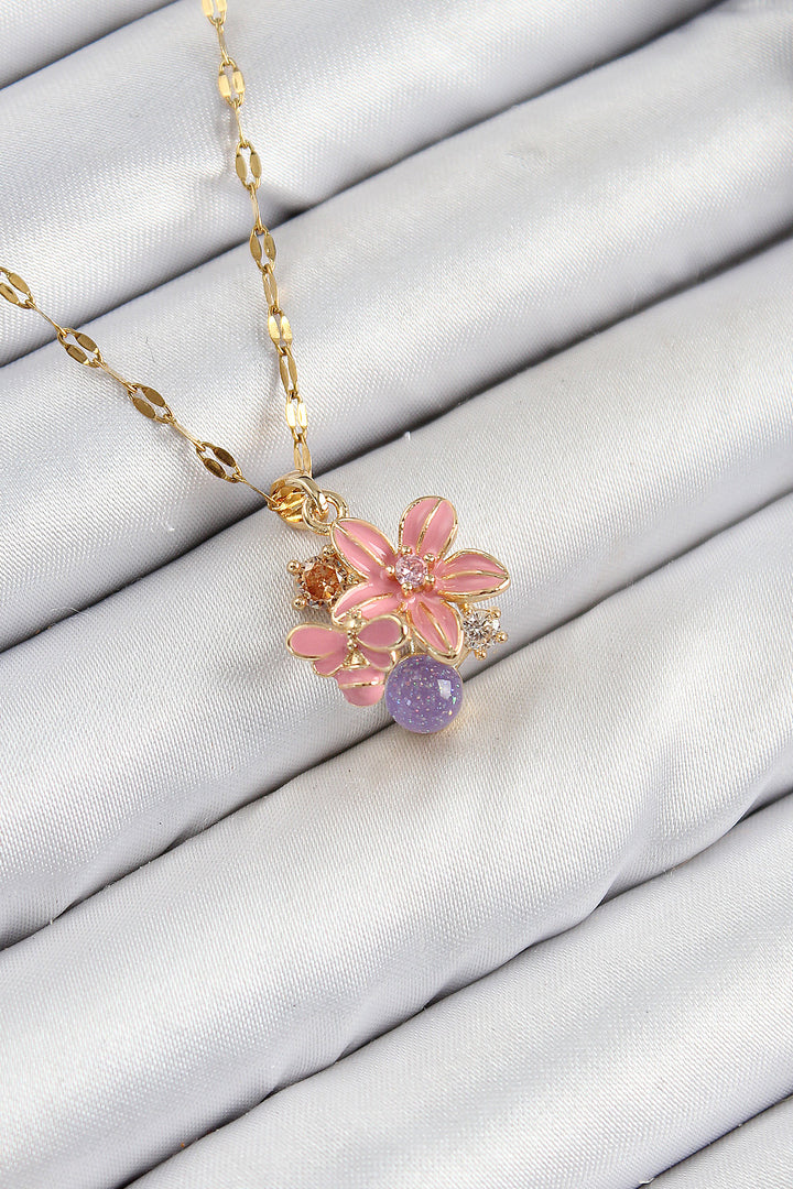 EBJ 316L Stainless Steel Bee Detailed Pink Flower Model Gold Color Women's Necklace with Zircon Stone - Milan