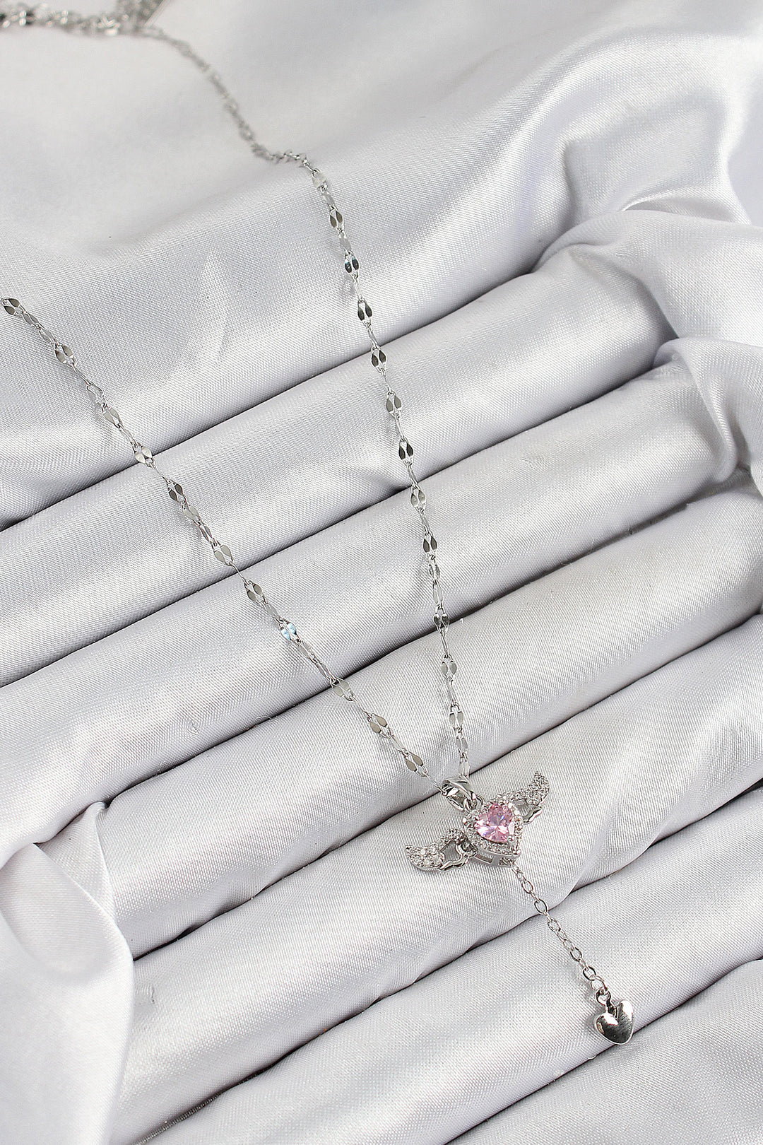 EBJ 316L Stainless Steel Angel Wing Detailed Heart Model Silver Color Women's Necklace with Zircon Stone - Hoogeveen