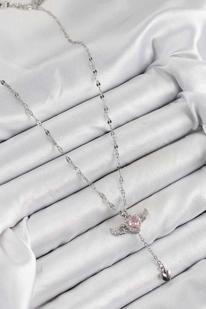 EBJ 316L Stainless Steel Angel Wing Detailed Heart Model Silver Color Women's Necklace with Zircon Stone - Hoogeveen