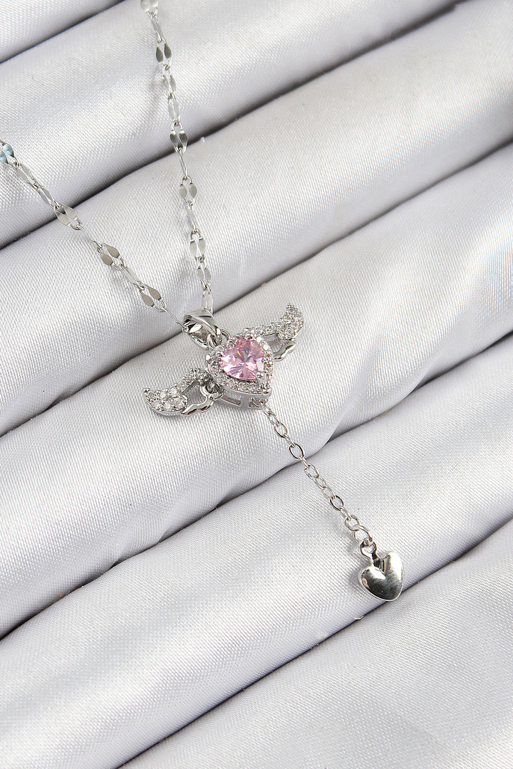 EBJ 316L Stainless Steel Angel Wing Detailed Heart Model Silver Color Women's Necklace with Zircon Stone - Hoogeveen